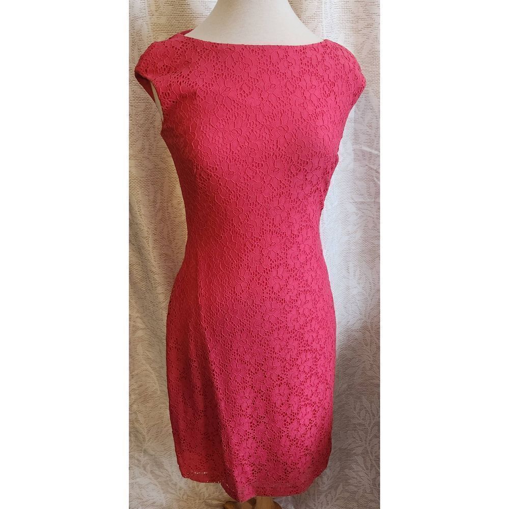 *Chaps - elegant red lace lined dress w/cap sleeves mid length zip-up
